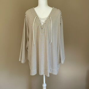Blair Nautical Striped Cotton Blend 3XL Coastal Casual Comfy Top Laced Tie Neck